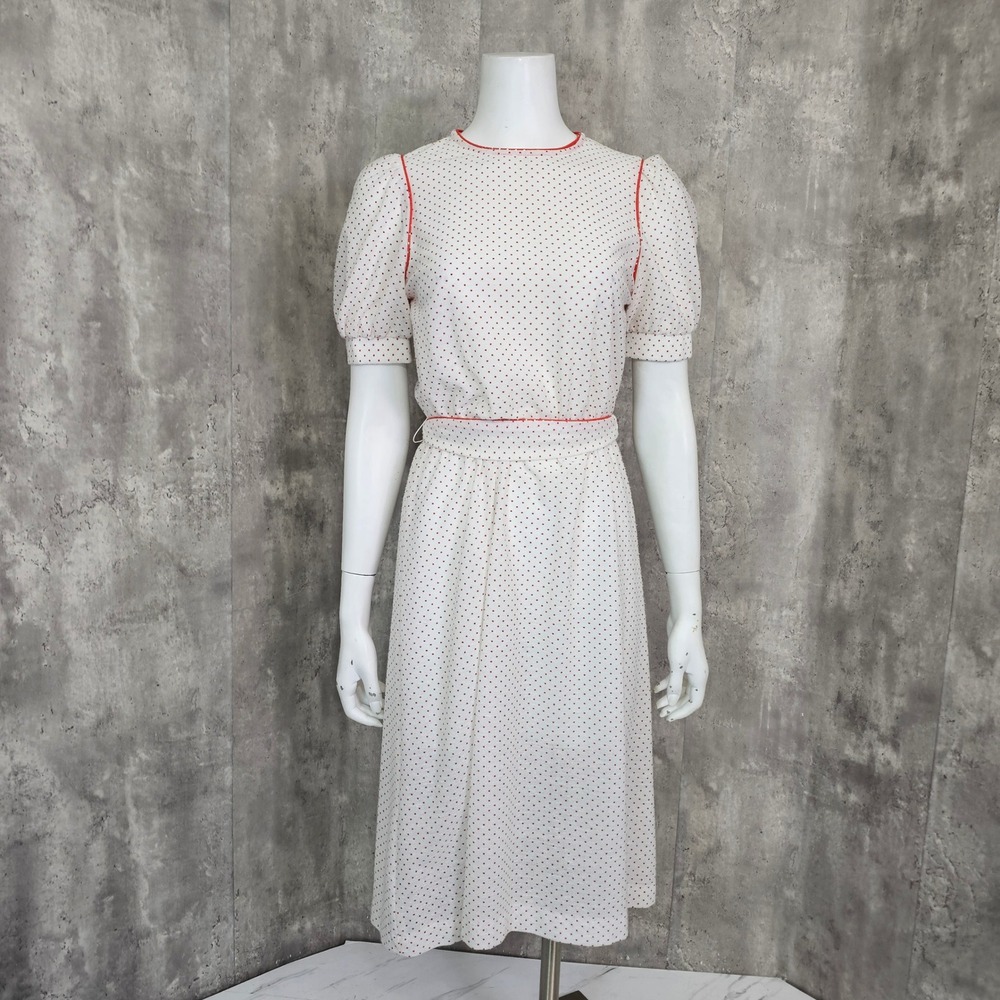 Vintage Sheer Crepe Nylon Red‎ Polka Dot Puff Sleeve Cottagecore Prairie Dress